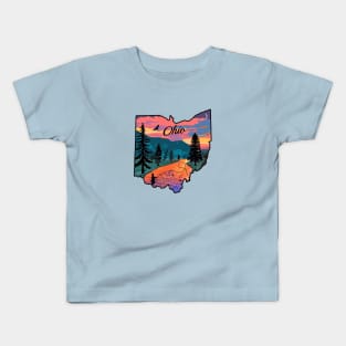 Ohio State Map Mountain Sunset River Fishing Retro Kids T-Shirt